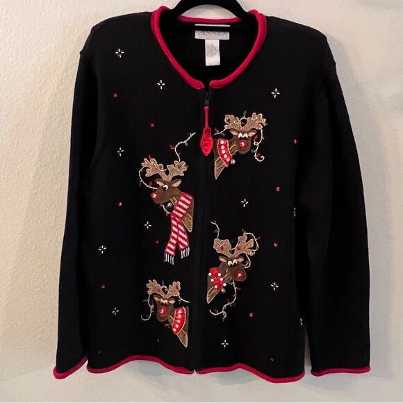 Casual Corner Christmas Sweater Size Medium Black Red Reindeer Zip Front - Picture 1 of 7